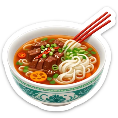 Jiangxi Rice Noodles with spicy beef soup, simplified emoji style with bold outlines and bright colors, cartoon style southern Chinese Fen specialty sticker