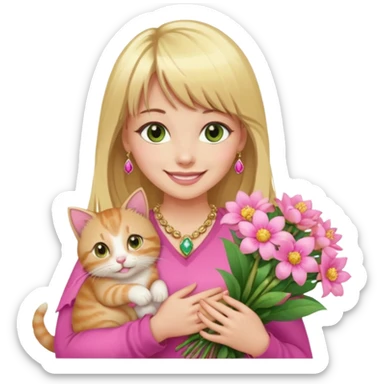 Long blonde haired with bangs, and big boobs smiling woman with hazel geen eyes, wearing pink and gold gemstone chains,  holding a big bouquet of beautiful bright flowers and kitten sticker