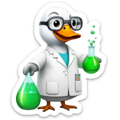 Goose wearing chemistry lab coat goggles and has flask with chemicals sticker