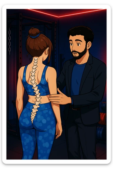 ispirati a questo stile di disegno e fai questa immagine in versione manga/webtoon a colori, il manga mostra la donna di spalle, mentre l'uomo le tocca la spina dorsale per spiegarle come funziona la scoliosi:
Con una scoliosi il baricentro corporeo cade maggiormente da un lato; per non cadere la schiena compensa accumulando tensione sul fianco opposto.
Il risultato? Si inclina e ruota sempre più, fino a che non cede (discopatie, artrosi, ecc) sticker