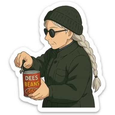 1 female, long white braid, knit cap, dark sunglasses, DARK GREEN HUNTER JACKET, USING A SMALL BLACK HANDHELD CANOPENER TO OPEN A CAN OF DEES BEANS sticker
