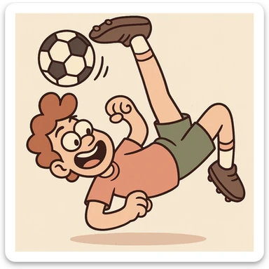 a cartoon character doing a bicycle kick, kicking a ball overhead, playful and energetic sticker