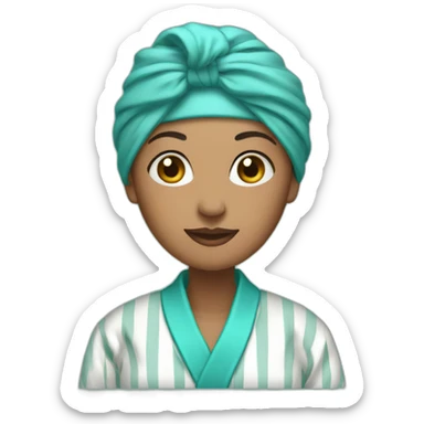 Woman wearing pinstripe bathrobe with turquoise turban sticker