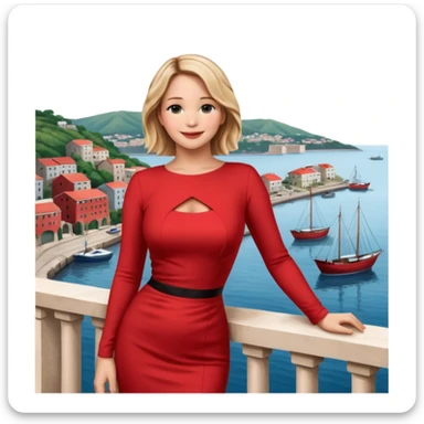 jennifer lawrence, red dress leaning on a balcony with a harbor and cityscape in the background, smiling sticker