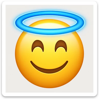 A smiling emoji with a blue halo above its head, in the style of Apple emojis. sticker