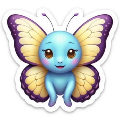 Cinematic Cute Butterfly Portrait Emoji, Head tilted playfully and inquisitively, featuring a charming, petite form with intricately detailed, softly tinted wings and round, sparkling eyes full of gentle wonder, Simplified yet irresistibly adorable features, highly detailed, glowing with a warm, inviting pastel glow, high shine, affectionate and lively, stylized with a touch of whimsical garden charm, soft glowing outline, capturing the essence of a mischievous butterfly that seems as if it could dance out of the screen into your arms! sticker