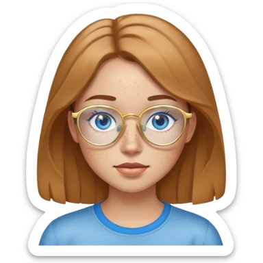 Girl with light skin, light brown hair, blue eyes, freckles, and gold glasses sticker