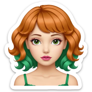 Una chica de cabello marrón con ojos de un verde acaramelado labios rosados cabello suelto con ondas un fleco corto en medio y otros dos a los lados en modo fleco cortina dos mini coletitas a los lados con lazitos  sticker