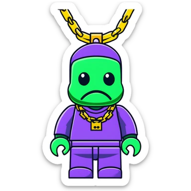 classic bearbrick figure with lime green mask covered in chaotic brand logos, wearing several large gold chains, gold pendant, rapper style accessories, expressive eyebrows sticker