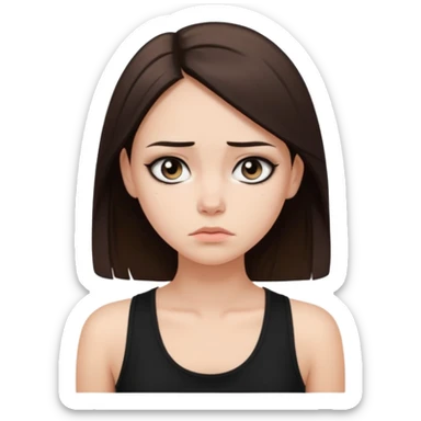 a fair girl with straight brunette hair, black tank top, eyeliner on. Looking sad sticker