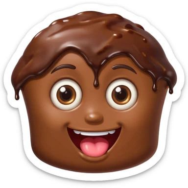 Funny cartoon chocolate mini pastry, crazy wide eyes, messy chocolate dripping, smiling distorted face, chibi style, Twitch emoji style, transparent background, colorful sticker
