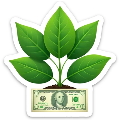 Green leafy plant with leaf shaped like dollar bills clearly labeled as financial growth from automation sticker