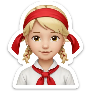 A Soviet pioneer girl emoji — smiling young girl with blonde hair tied into two short braids. She wears a white school shirt and a wide bright red pioneer neckerchief tied in a loose triangular knot at the chest (not a necktie). No suspenders, no jacket, no hat. Без красных повязок на голове sticker