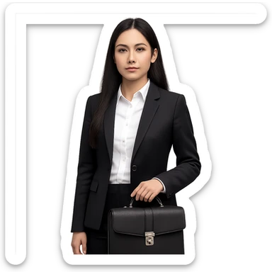 a girl with long black hair, neutral expression, wearing business style clothes including shirt and jacket, with a business bag as an accessory, professional and clean style sticker