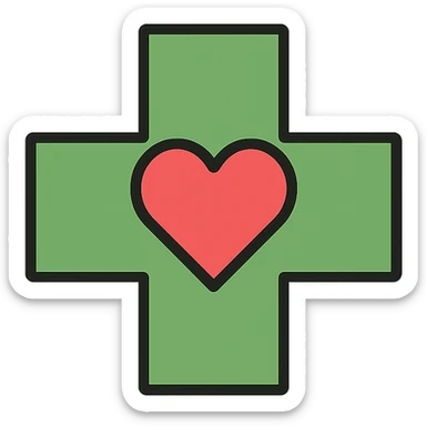 green cross with a heart in the center, signifying healing and compassion sticker