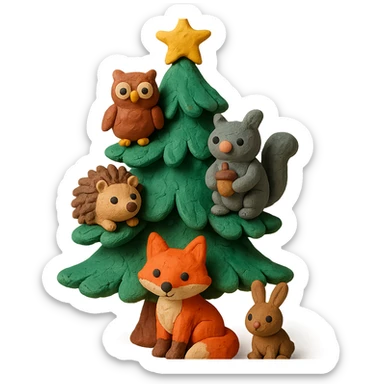 pine tree decorated with woodland critters in claymation style sticker