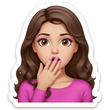 girl with long wavy brown hair, brown eyes, long lashes makeup, sexy pink lips, light to medium complexion, pink sexy top, shocked, hand covering mouth sticker