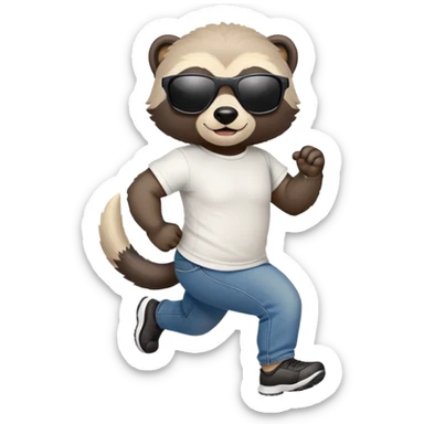 friendly anthropomorphised honey badger in jeans and a t-shirt, wearing sunglasses, jogging upright, relaxed pose sticker