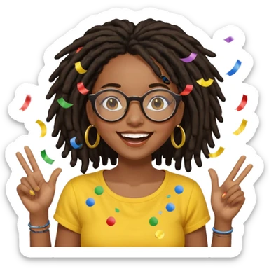 Black female with dark dreadlock hair wearing large round glasses and a yellow top celebrating with confetti sticker