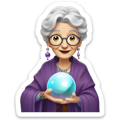Wise Old Lady Fortune teller with crystal ball looking into the camera smiling sticker