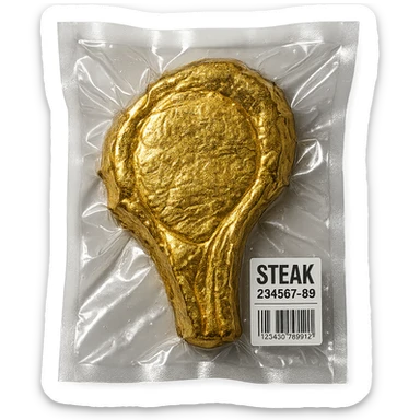 steak covered in edible gold, shiny and inflated, vacuum-sealed style sticker