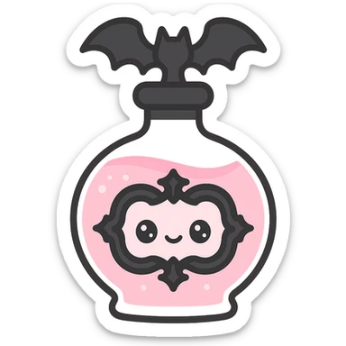 a gothic potion bottle, pink liquid, black ornate details, and a bat-shaped stopper sticker