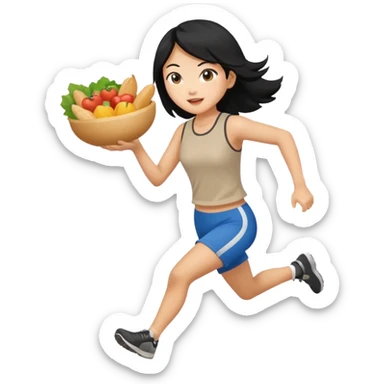 Asian woman with black hair running with food in hand sticker