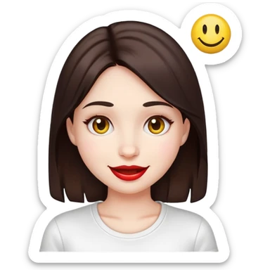 A pale girl with dark brown hair and eyes. Her lips are a light cherry colour. She is wearing a white t-shirt with a smiley face on it sticker