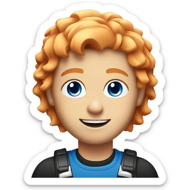 Orange haired electrician with blue eyes and black top with a pink and blue logo sticker