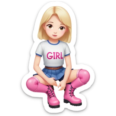  top and skirt with pink inscription “girl”  squatting in pink boots sticker