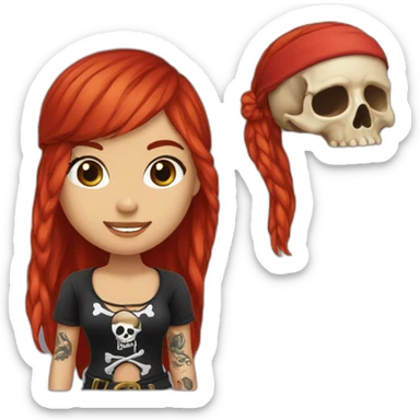Woman long red hair, undercut, left side of head is shaved, tattoo on left side of head, pirate hat, skull and crossbones t shirt sticker