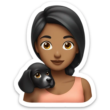 A women with black hair holding a pekignese puppy  sticker