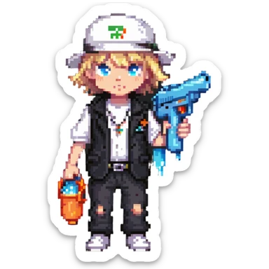 little white kid in gangster outfit, holding a water gun, fun and lighthearted sticker