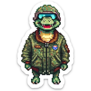 pixel art crocodile wearing a bomber jacket and helmet, mischievous grin sticker