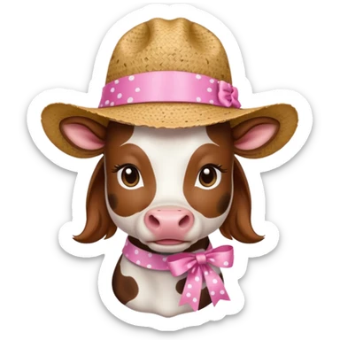 Girl cow with pink ribbon and a cute straw hat sticker