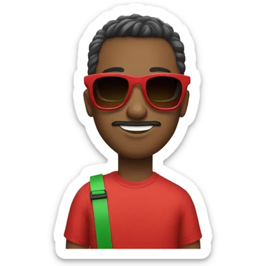 man wear red T-shirt and sunglasses and balls and green shoes sticker