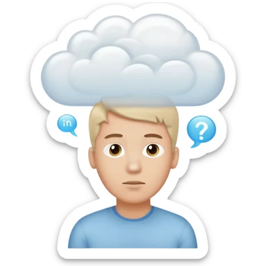 A thinking male person with a white thought cloud sticker