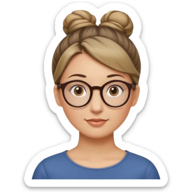 femme de 38 ans avec des cheveux blond foncé sans mèche devant, un chignon haut, yeux bruns, lunettes rondes sticker
