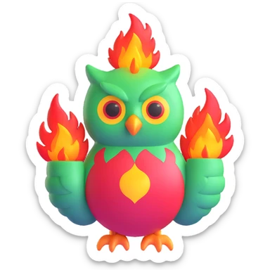 Duolingo green owl mascot with fire flames sticker