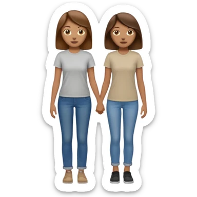 based on emoji style, two people walking together, They are not holding hands. one is brown-haired woman, wearing a shirt,  Another one is a non-binary person, wearing t shirt and jeans, and the second person doesn't have anything on their hands.  sticker