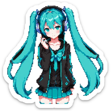 Hatsune Miku with teal twin tails, headphones, and signature outfit sticker