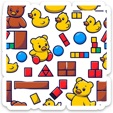 Colorful toys scattered together - teddy bear, rubber duck, toy blocks, ball, and action figures sticker