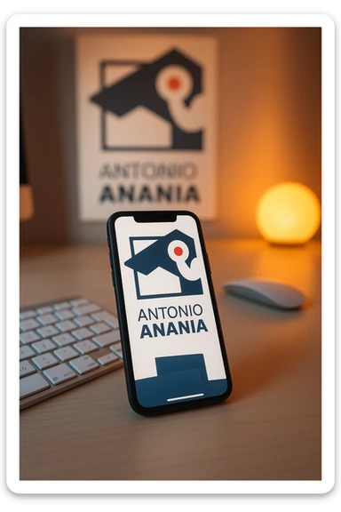 A photo of an iPhone on the desk with the logo of "Antonio Anania" on its screen, The phone sits atop a desk with a blurred with the logo in the background that suggests work environment. A faint glow from above casts gentle shadows across the surface of each object, creating depth and highlighting their textures sticker