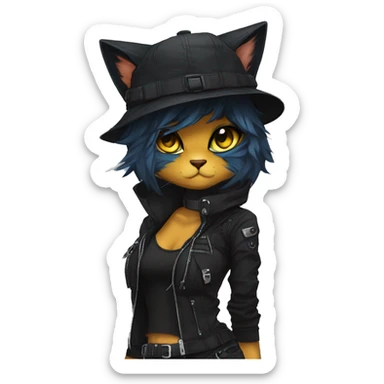 Edgy Beautiful Cool Anthro dark cat-fursona punk techwear and hat sticker