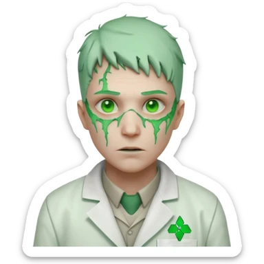 laboratory mutant portrait, head and shoulders only, glowing green veins, torn lab coat collar, mutated eyes, sci-fi experiment vibe, 3D cartoon, mobile game icon style, clean background, no text, no watermark

 sticker