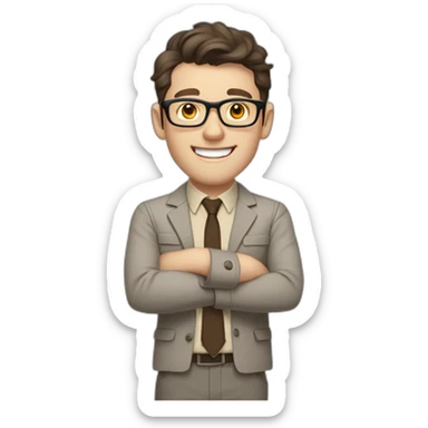 Joyful Pale skinned Fit Man With dark brown hair in gray jacket, beige office shirt, Brown pants and vintage glasses. His thrumbs up sticker