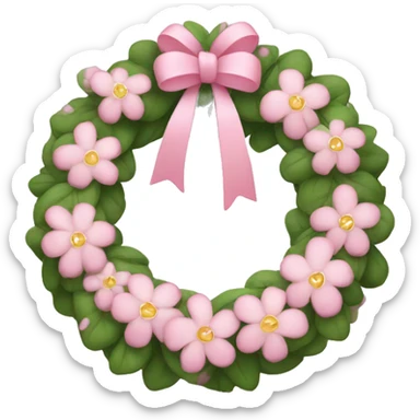 Pink wreath with small white flowers, tiny hearts, and a soft pink ribbon sticker