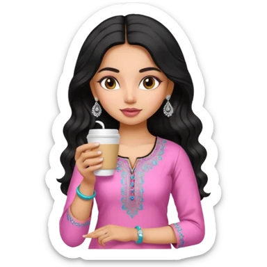 a pretty bratz fair indian girl wearing a pink kurti, drinking takeaway coffee. Silver jhumkas, black wavy hair sticker