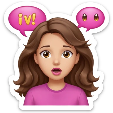 girl with long wavy brown hair, brown eyes, light to medium complexion, in a pink shirt, pink lips, long lashes, surprised, wow speech bubble sticker