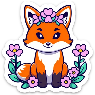 fox with a colorful flower crown, spring flowers, May Day festival vibe sticker